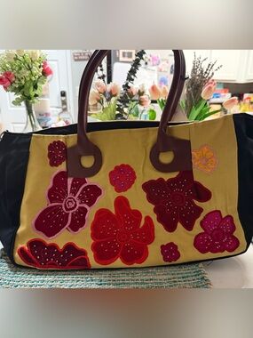 Canvas Floral Tote Bag with Brown Handles - Yellow/Red Floral
